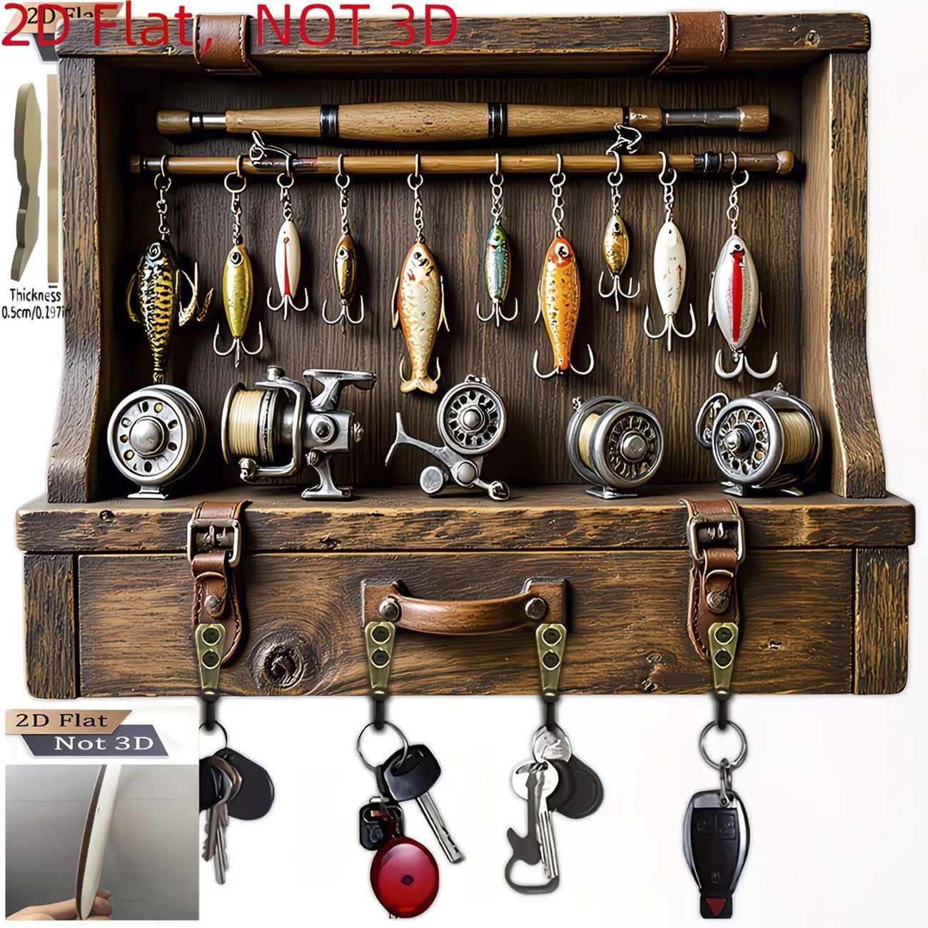 Fishing Rod Combo - Vintage visserijhengel sleutelhanger, 2D platte print